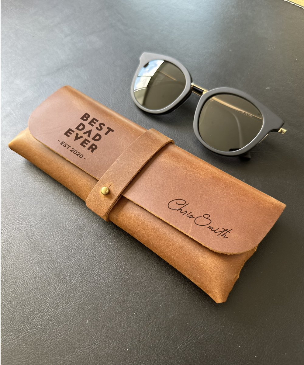 Customised brown leather glasses case for dad