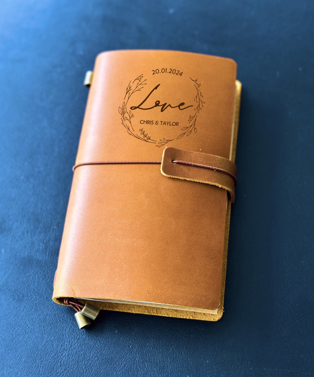 Open page of leather diary showing personalised message