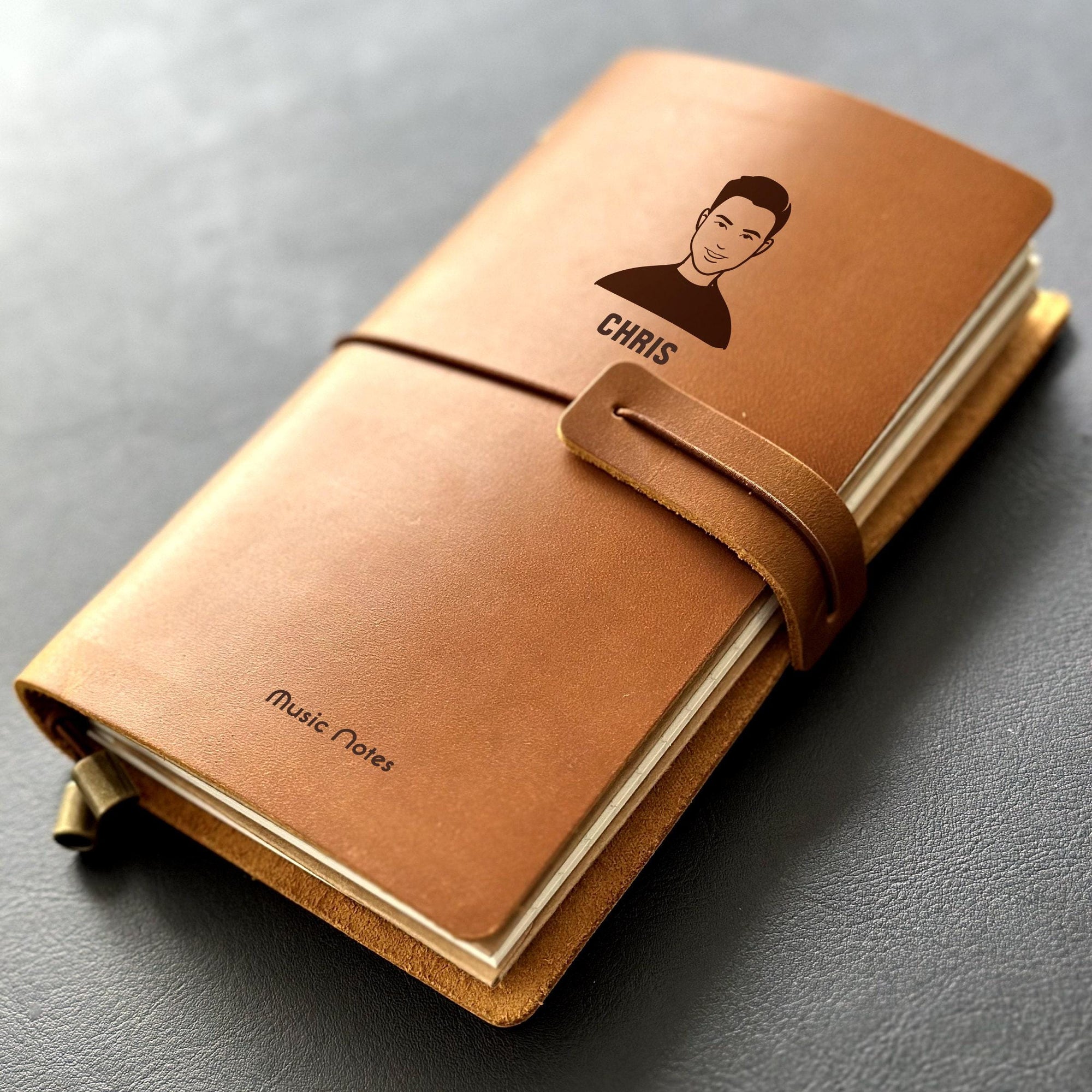 Handmade refillable leather music notes journal with engraved portrait design