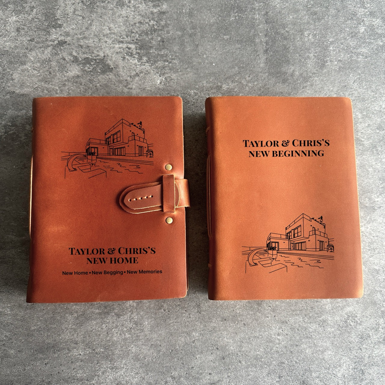 Personalised leather journal with engraved house sketch – new home gift