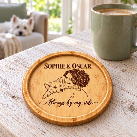 Wooden coaster engraved with a person and pet portrait and personalised names
