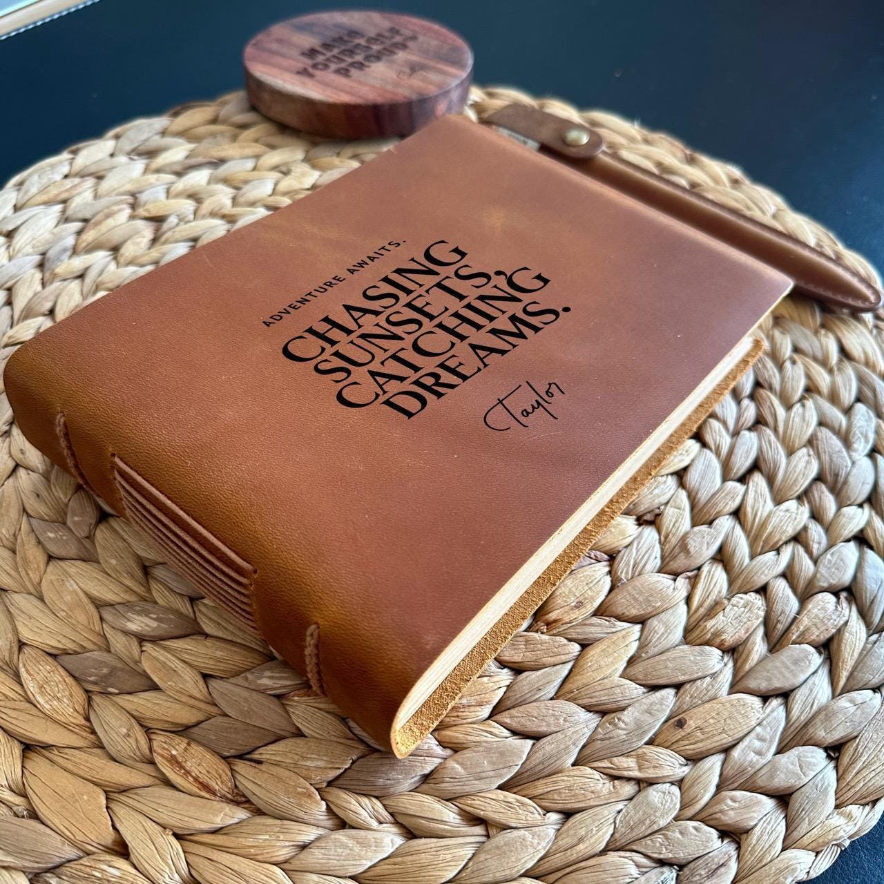 Handmade leather bound journal with custom engraving.