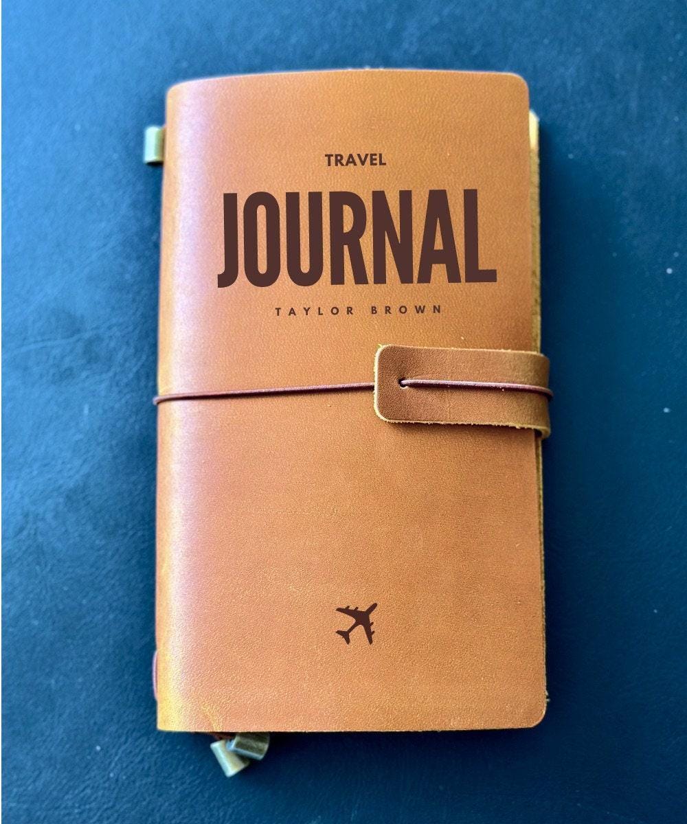 Personalised crazy horse leather notebook with Travel Journal title