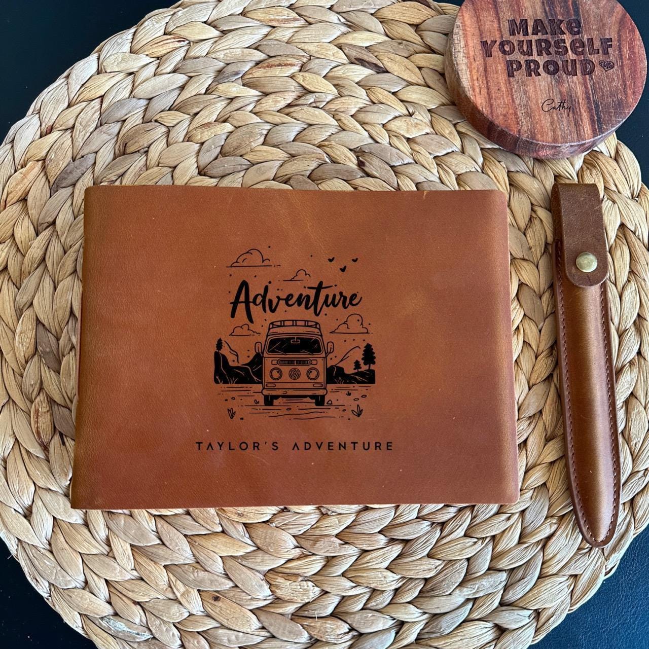 Personalized leather notebook, perfect for travelers.