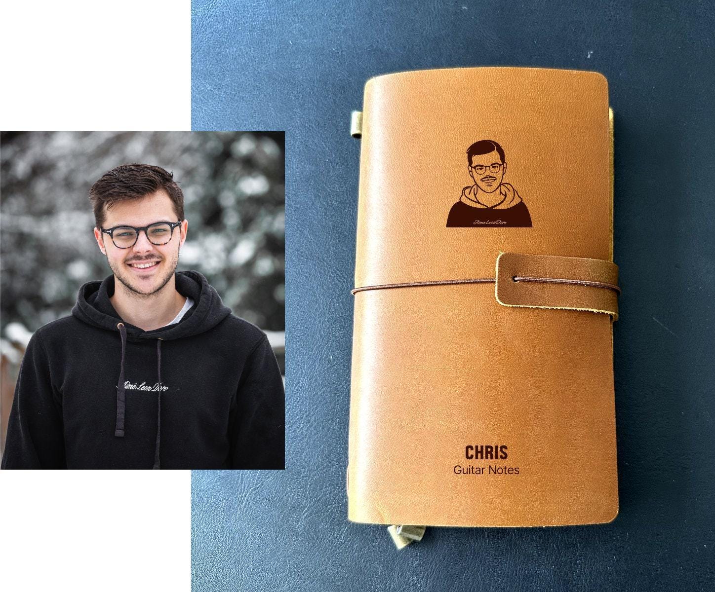 Handmade refillable guitar notes leather journal with engraved portrait