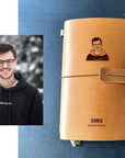 Handmade refillable guitar notes leather journal with engraved portrait