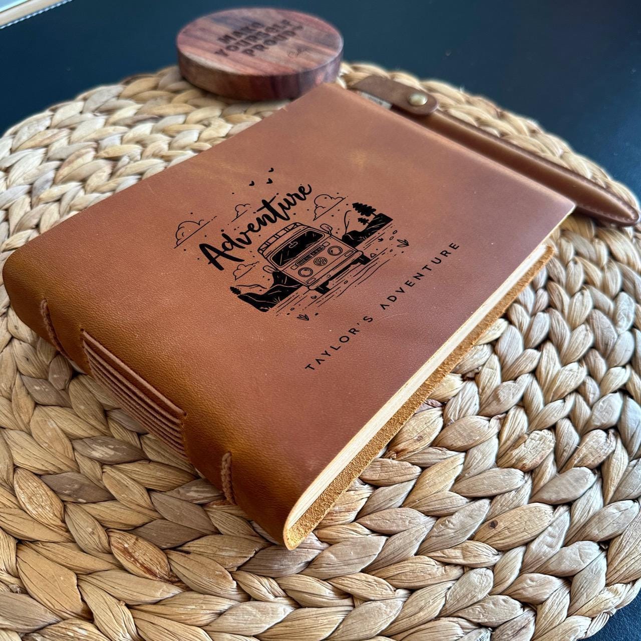 Handmade leather journal with custom engraving.