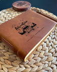 Handmade leather journal with custom engraving.