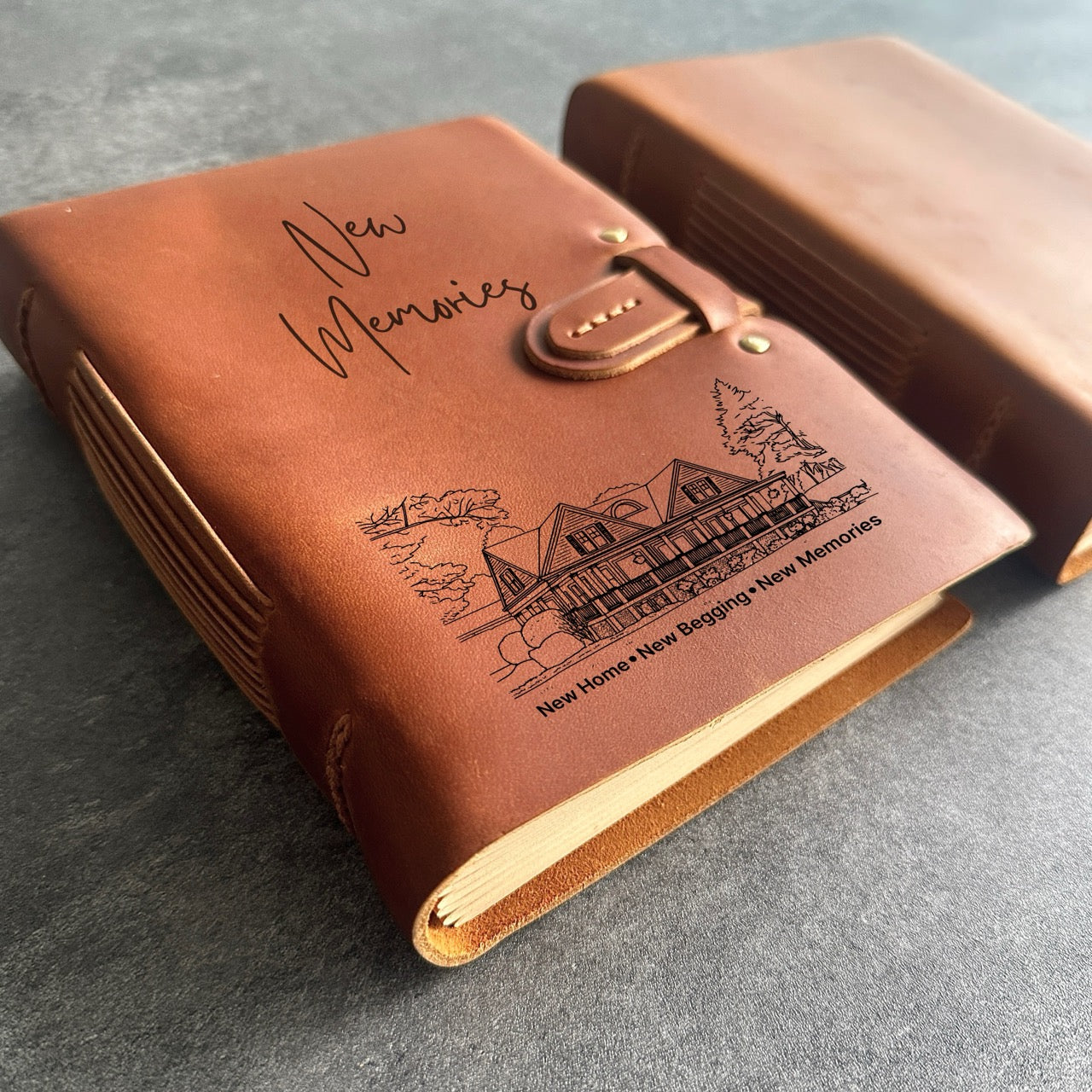 Custom housewarming leather notebook for couples – engraved names and dates