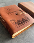 Custom housewarming leather notebook for couples – engraved names and dates