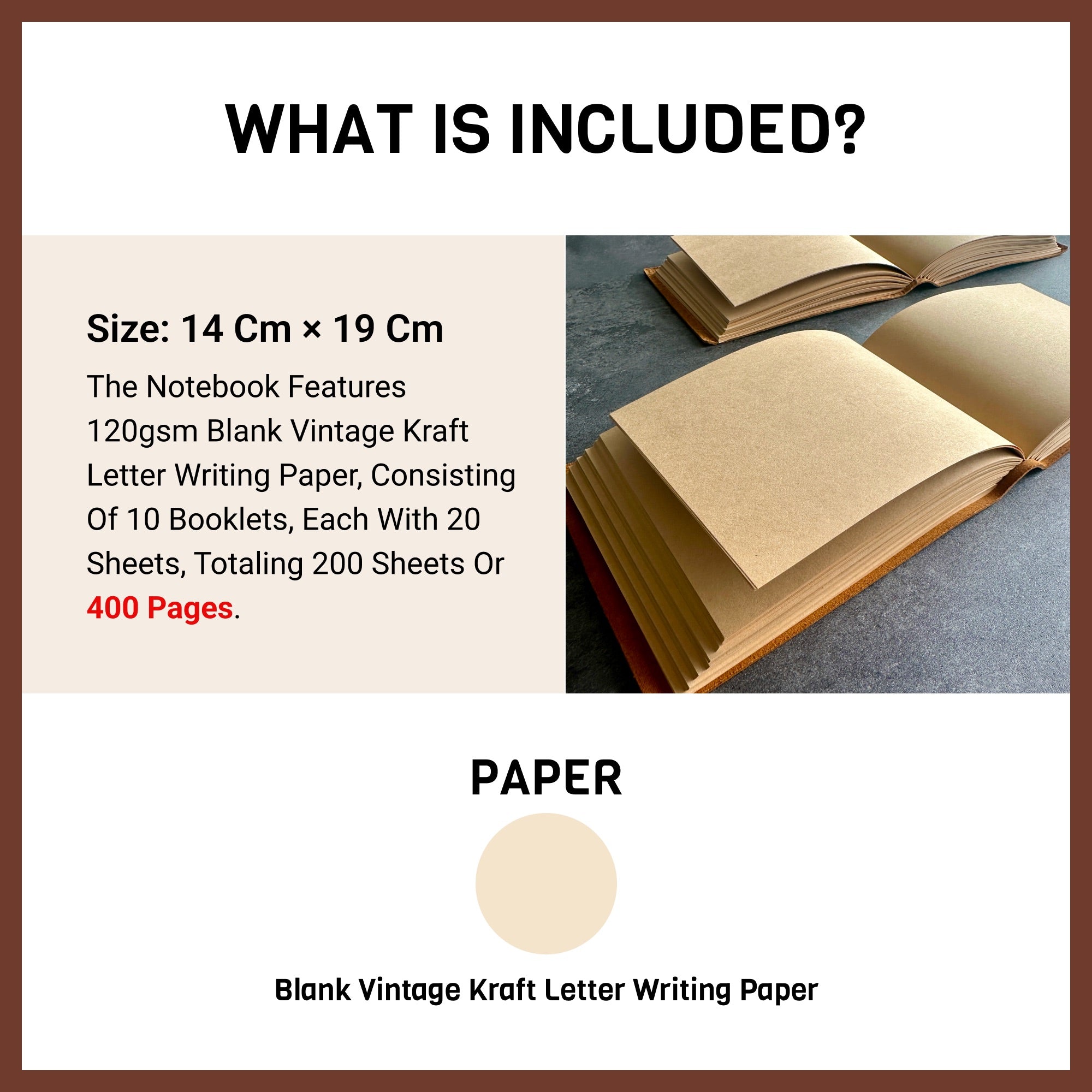 blank vintage kraft letter writing paper, consisting of 10 booklets each with 20 sheets, totaling 200 sheets or 400 pages.
