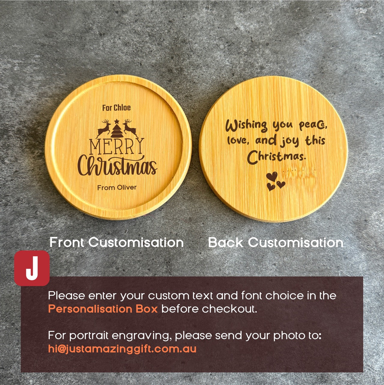two wooden coasters with personalized messages engraved on them.