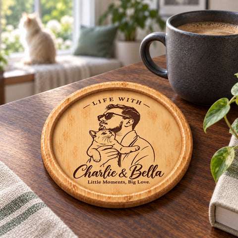 Personalised pet and owner portrait coaster displayed upright on an optional stand.