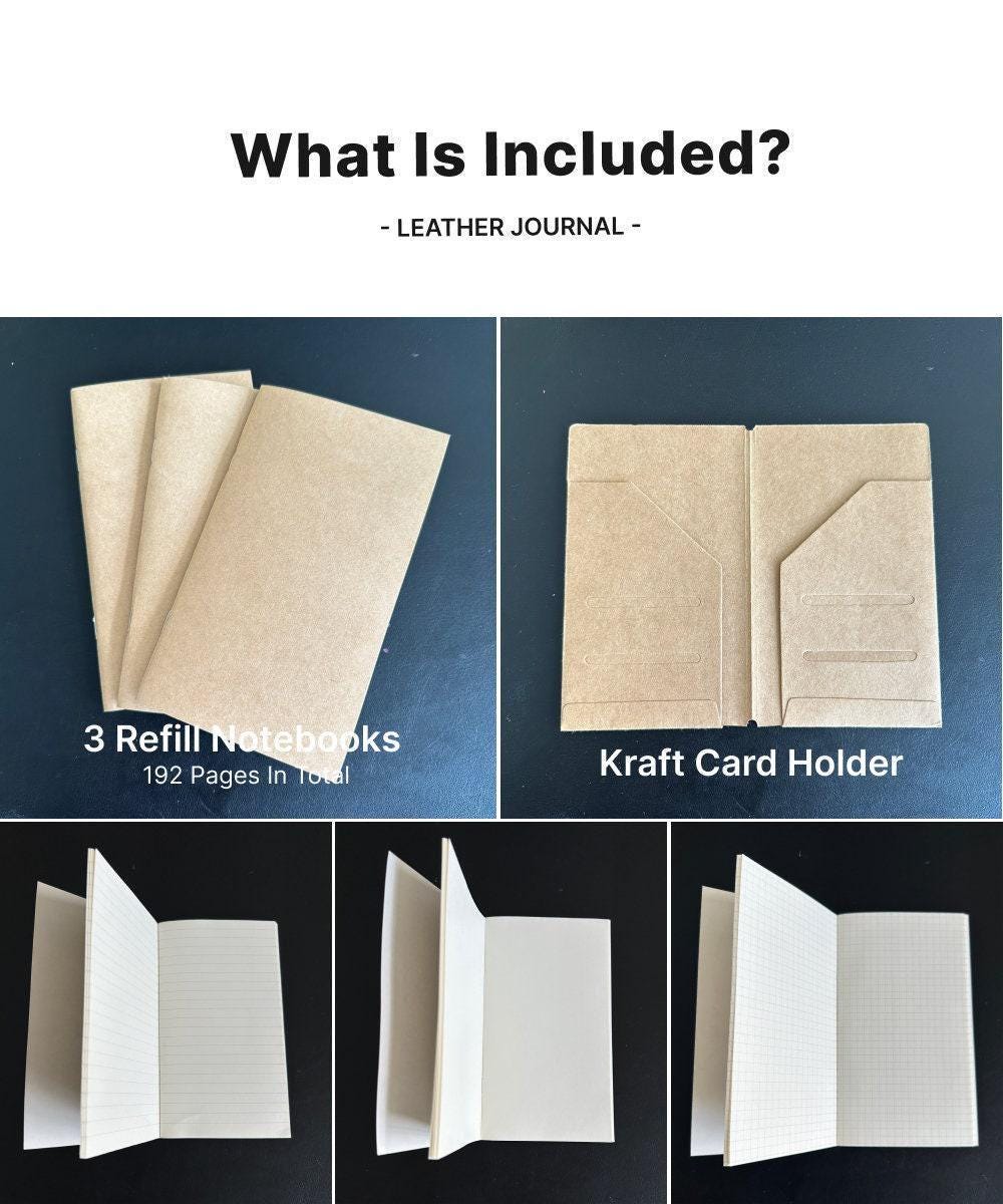 The image is a collage of six photographs depicting various items, including three refill notebooks, a kraft card holder, and a blank notebook.