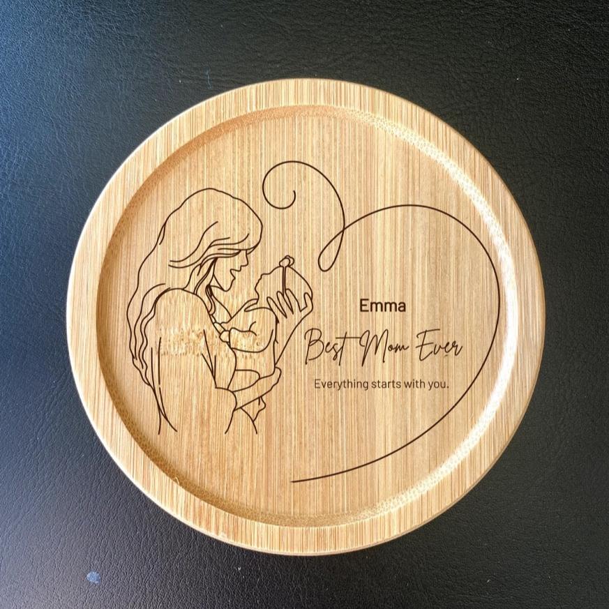 Personalized wooden coffee coaster for new mothers, ideal baby gift