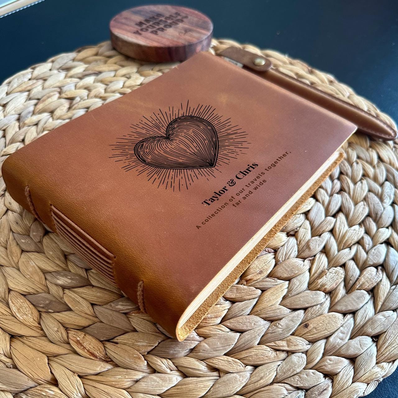 Handmade personalized leather notebook, perfect for couples.