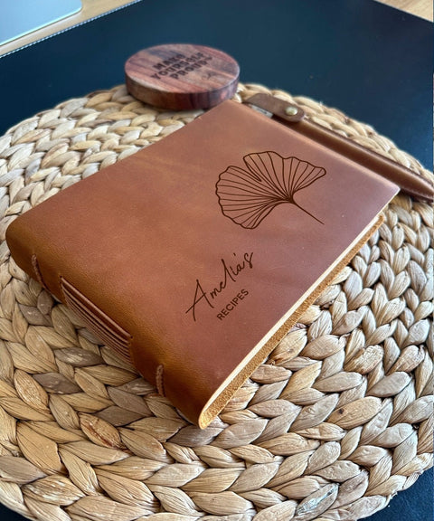 Personalised recipe leather journal with engraved ginkgo leaf design