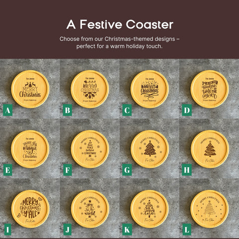 a collection of Christmas-themed coasters, each with a unique design and inscription.