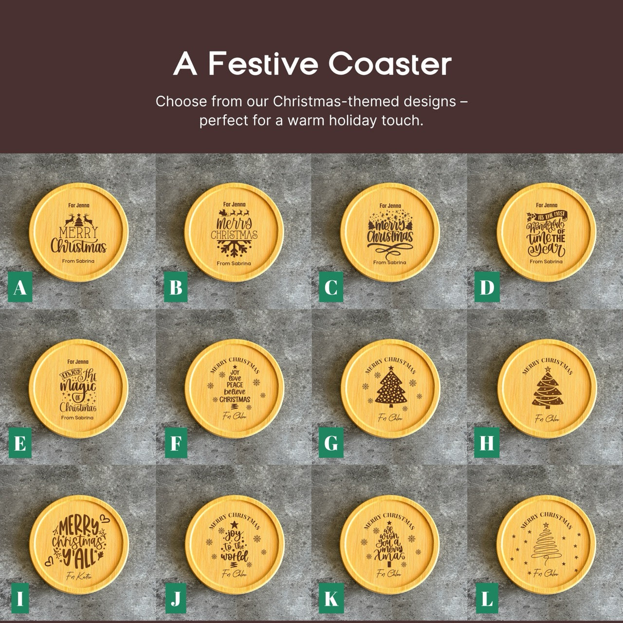 a collection of Christmas-themed coasters, each with a unique design and inscription.