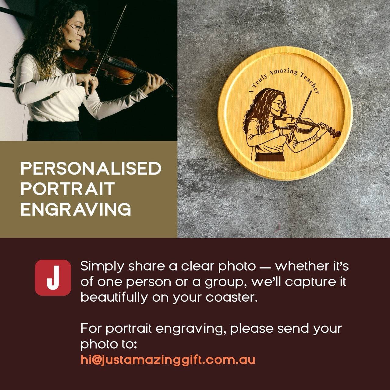 The image is a promotional poster for personalized portrait engraving. It features a woman playing the violin and a wooden coaster with an engraved image of a woman playing the violin. The poster provides instructions for sharing a clear photo of a person or a group, and mentions that portrait engraving is available for purchase.