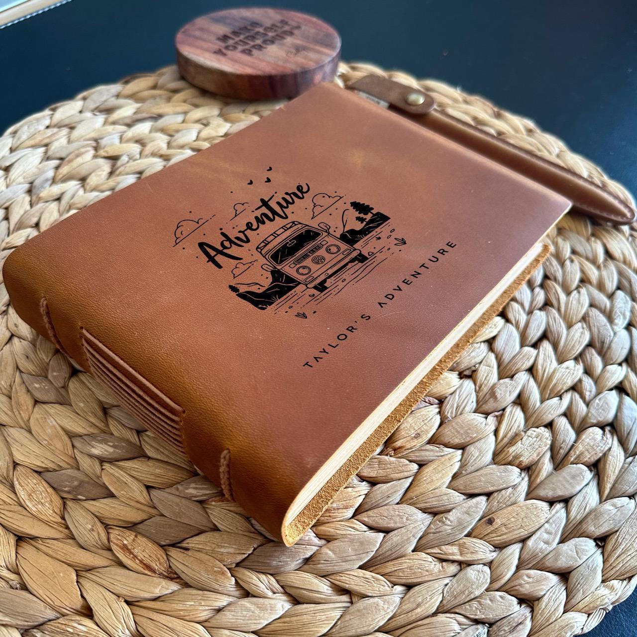 Handmade leather journal with custom engraving.