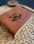 Handmade leather journal with custom engraving.