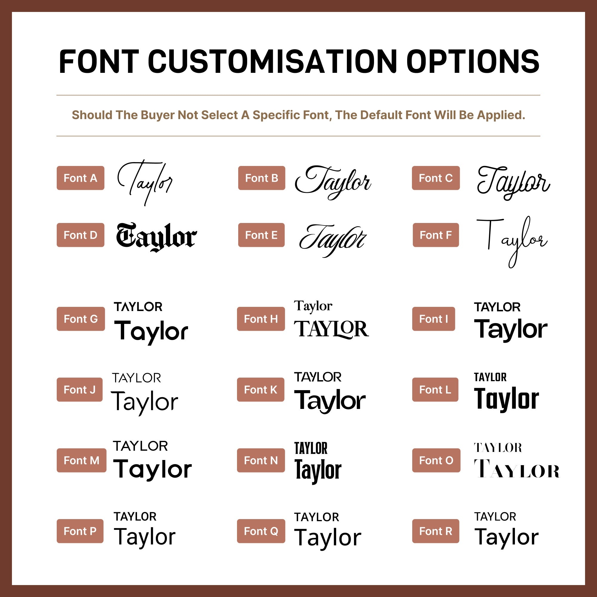 a collection of font customization options, including various font names such as "Taylor" and "Taylor" in different styles and sizes. The text indicates that the buyer should not select a specific font, and the default font will be applied.