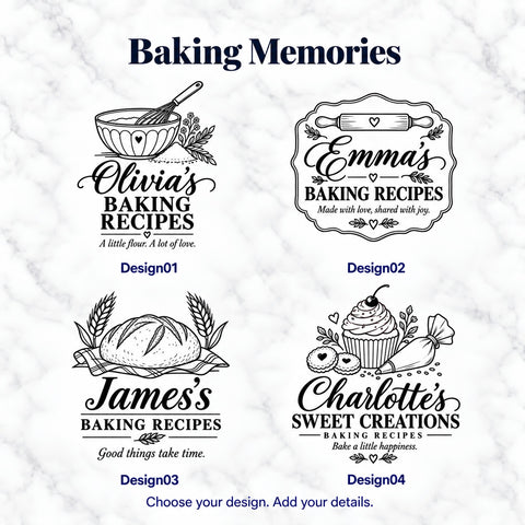 Four personalised baking recipe designs featuring a mixing bowl, rolling pin, loaf of bread and cupcake with sample names.
