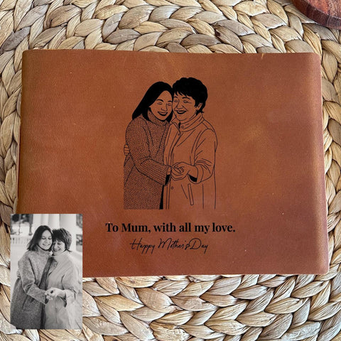 Brown leather keepsake journal engraved with mother-daughter design