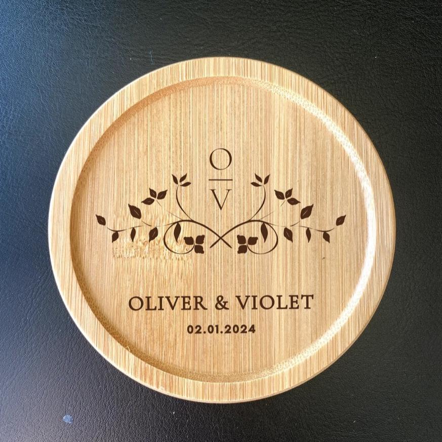 Custom couple coasters with engraved names and floral design for anniversary gift