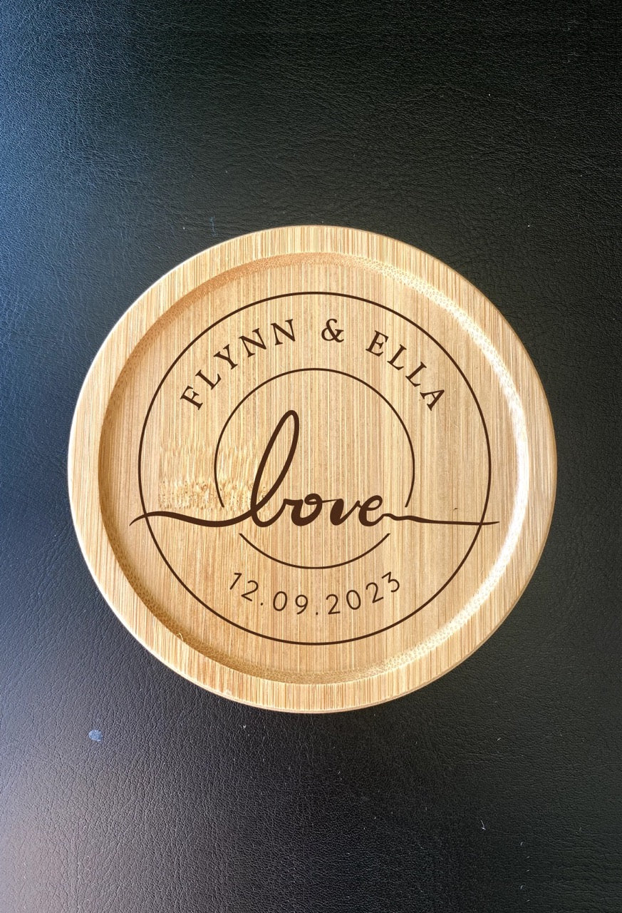 Custom couple coasters with engraved names and floral design for anniversary