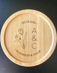 Floral-engraved wooden coaster with custom couple portrait for wedding gifts, anniversary ideas, or wedding favors.