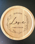 Custom couple initials engraved on floral coasters for wedding and anniversary gifts
