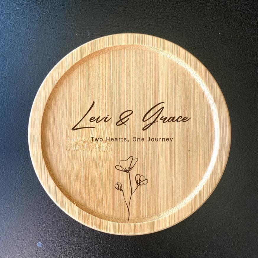 Floral print wooden coaster with engraved initials for custom couple gift