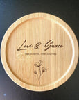 Floral print wooden coaster with engraved initials for custom couple gift