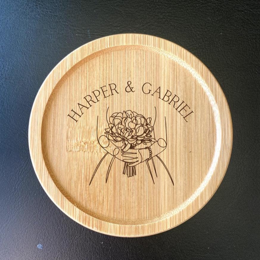 Floral-themed wooden coffee coasters featuring couple portrait for wedding or anniversary