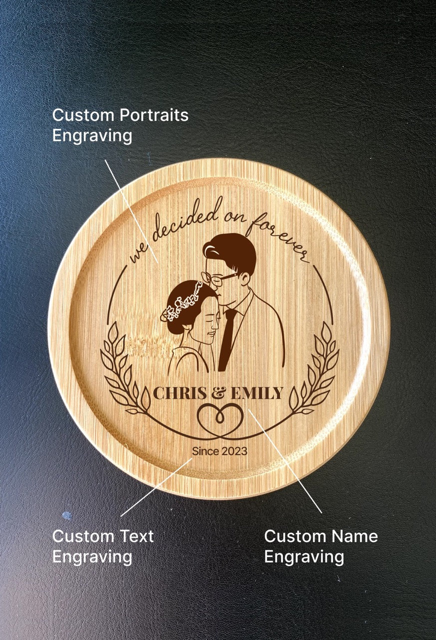 Personalized wooden coffee coaster set with floral design and couple portrait for anniversaries