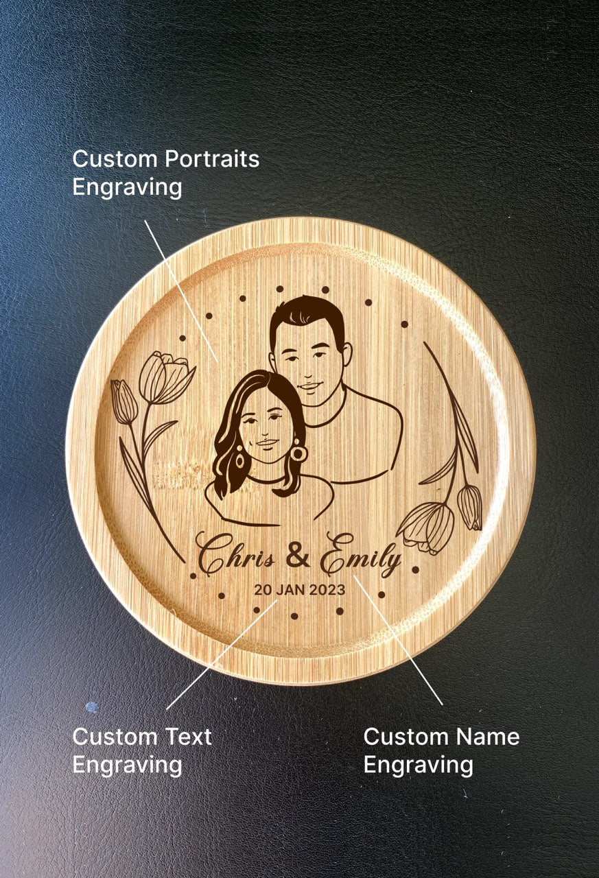 Personalized floral pattern coffee coasters with engraved couple portrait