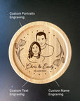 Personalized floral pattern coffee coasters with engraved couple portrait