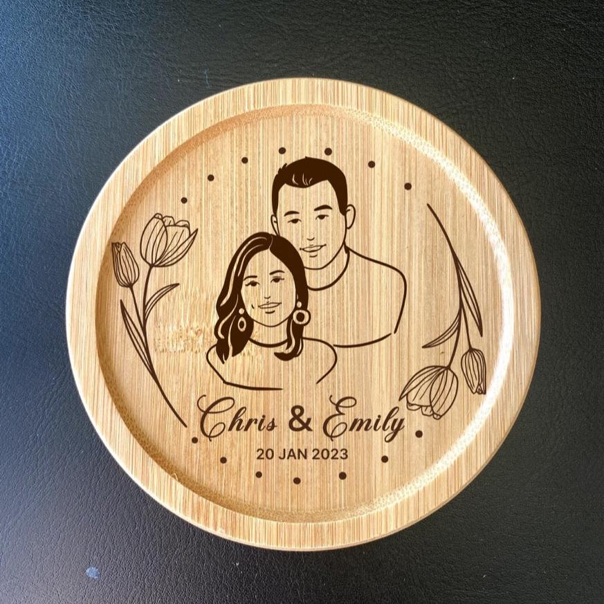 Wooden coaster with floral design and custom couple portrait for anniversary gift
