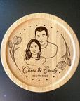 Wooden coaster with floral design and custom couple portrait for anniversary gift
