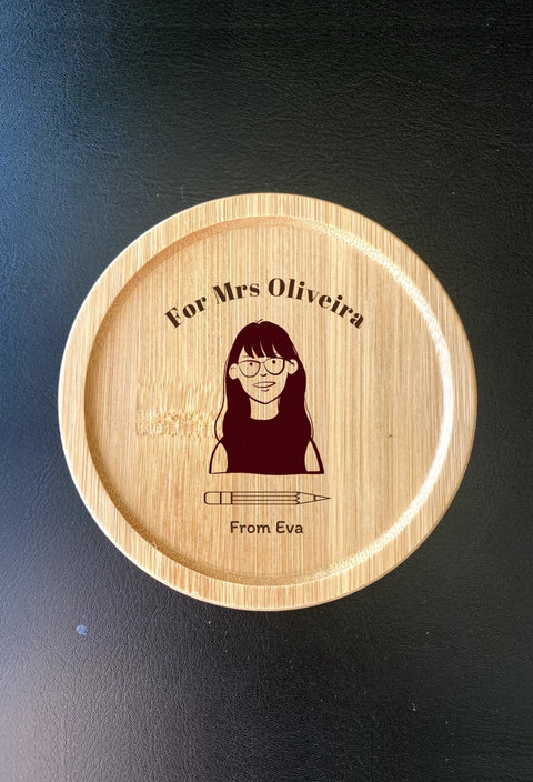Engraved Wooden Teacher Coaster with Custom Portrait & Note
