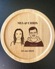 Personalized wooden coffee coaster set with couple's name and couple portrait for anniversaries