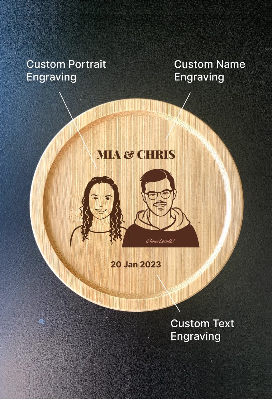 Custom wooden coasters with romantic couple portrait and floral theme for anniversaries