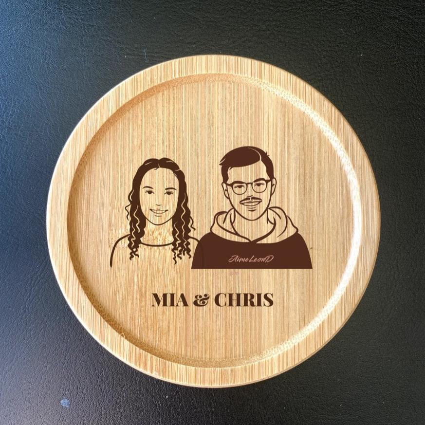 Engraved wooden coffee coasters with couple portrait and wedding date