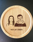 Engraved wooden coffee coasters with couple portrait and wedding date