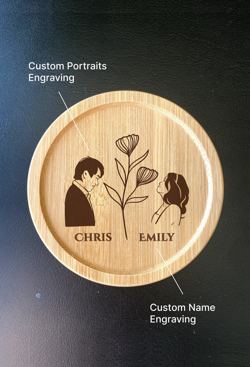 Custom engraved couple coasters with floral design, perfect for wedding gift