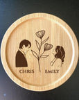 Personalized wooden coffee coaster with couple portrait and floral design for anniversary
