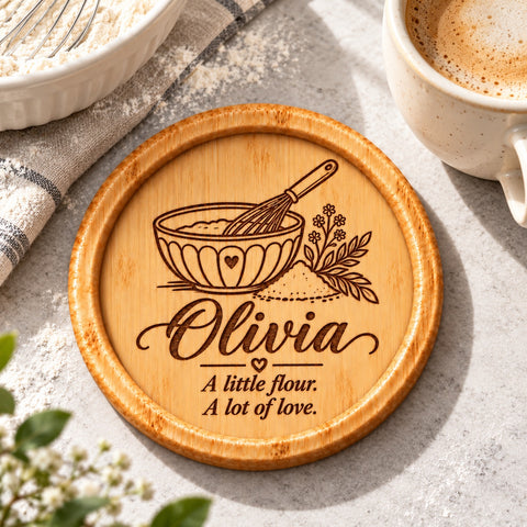 Four Baking Memories wooden coaster designs with personalised names, a mixing bowl, rolling pin, bread and cupcake.