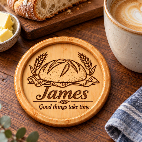Baking Memories coaster Design 01 with a mixing bowl, whisk, flowers and the words A little flour. A lot of love.